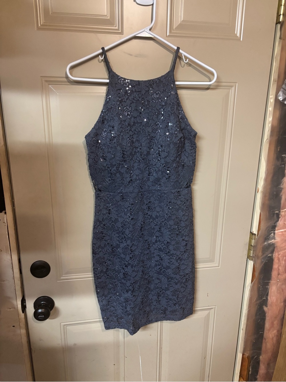 by & by gray Lace Sequin Halter Midi Dress b179